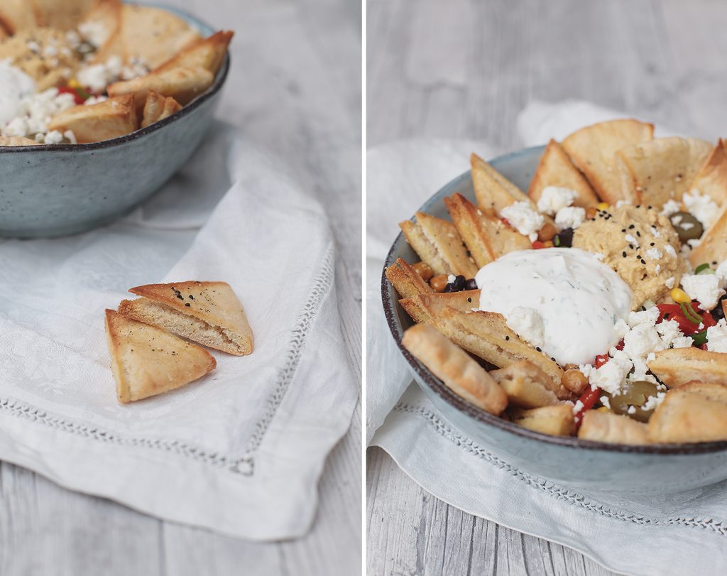 Pita Bowl mit Humus und Joghurt. Der perfekte Snack für den TV-Abend