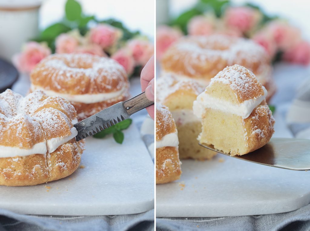 Saftiger Zitronenkuchen gefüllt mit Erdbeersahne