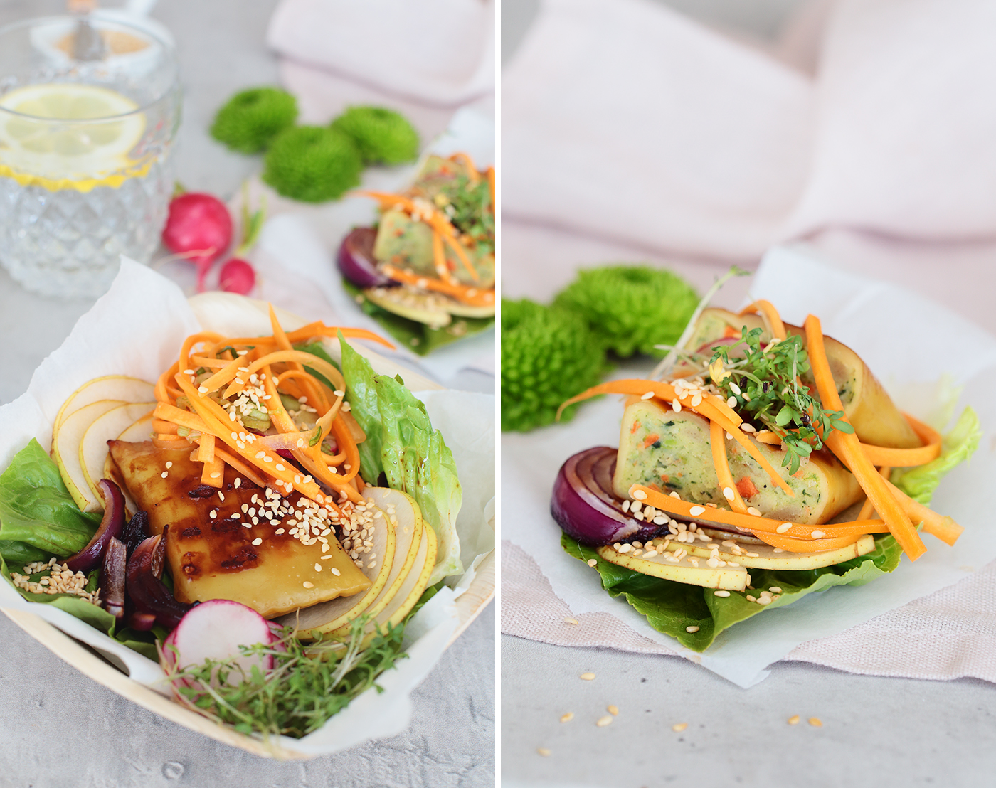 Maultaschen mit Karotten Kimchi in Salat-Wraps