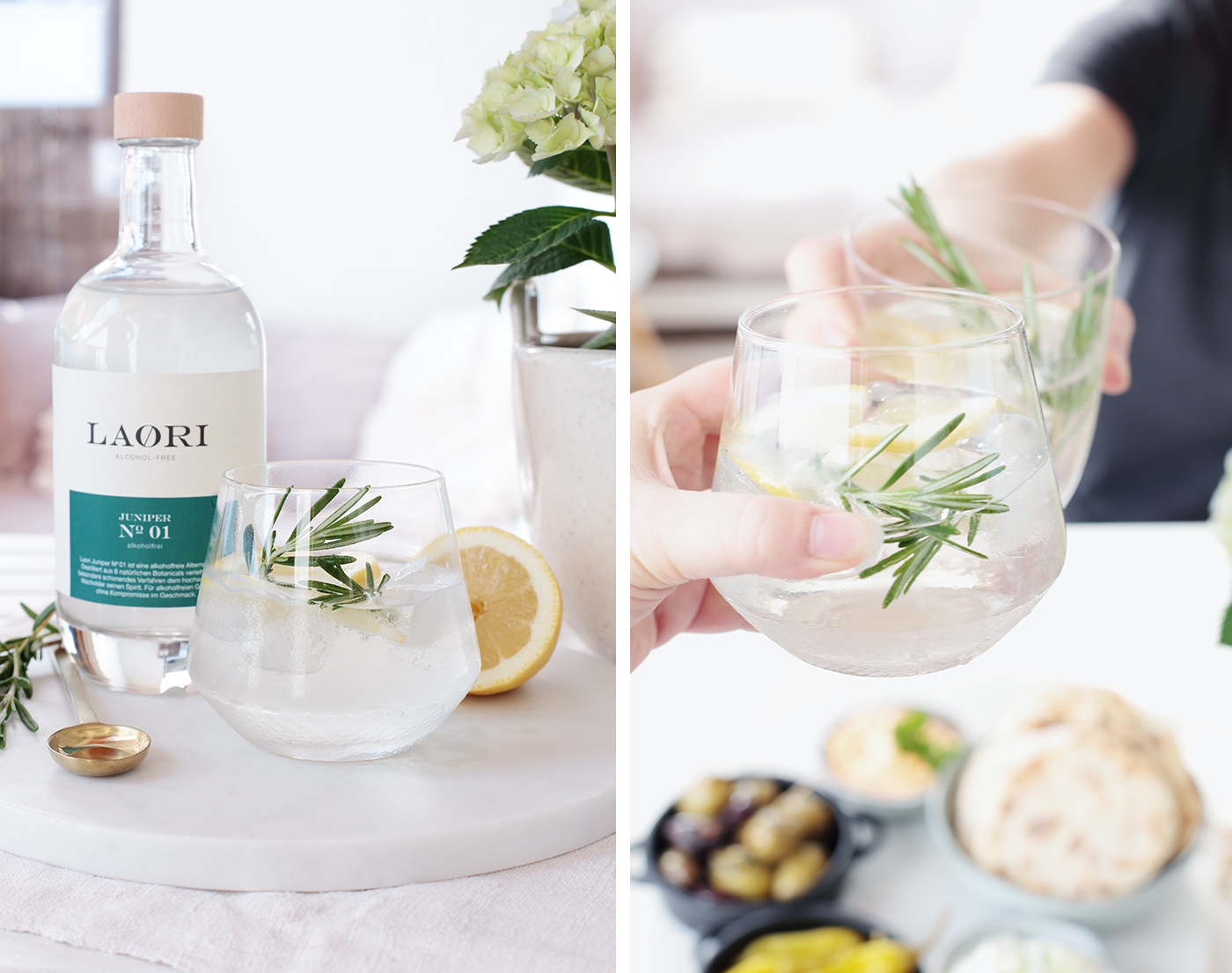 Feierabend-Tapas und dazu einen alkoholfreien Gin Tonic von Laori Juniper